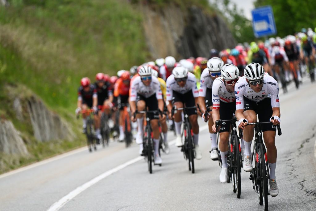 BLATTEN SWITZERLAND JUNE 14 LR Marc Hirschi of Switzerland and Finn FisherBlack of New Zealand and UAE Team Emirates lead the peloton during the 87th Tour de Suisse 2024 Stage 6 a 425km stage from Ulrichen to Blatten 1330m UCIWT on June 14 2024 in Blatten Switzerland Photo by Tim de WaeleGetty Images