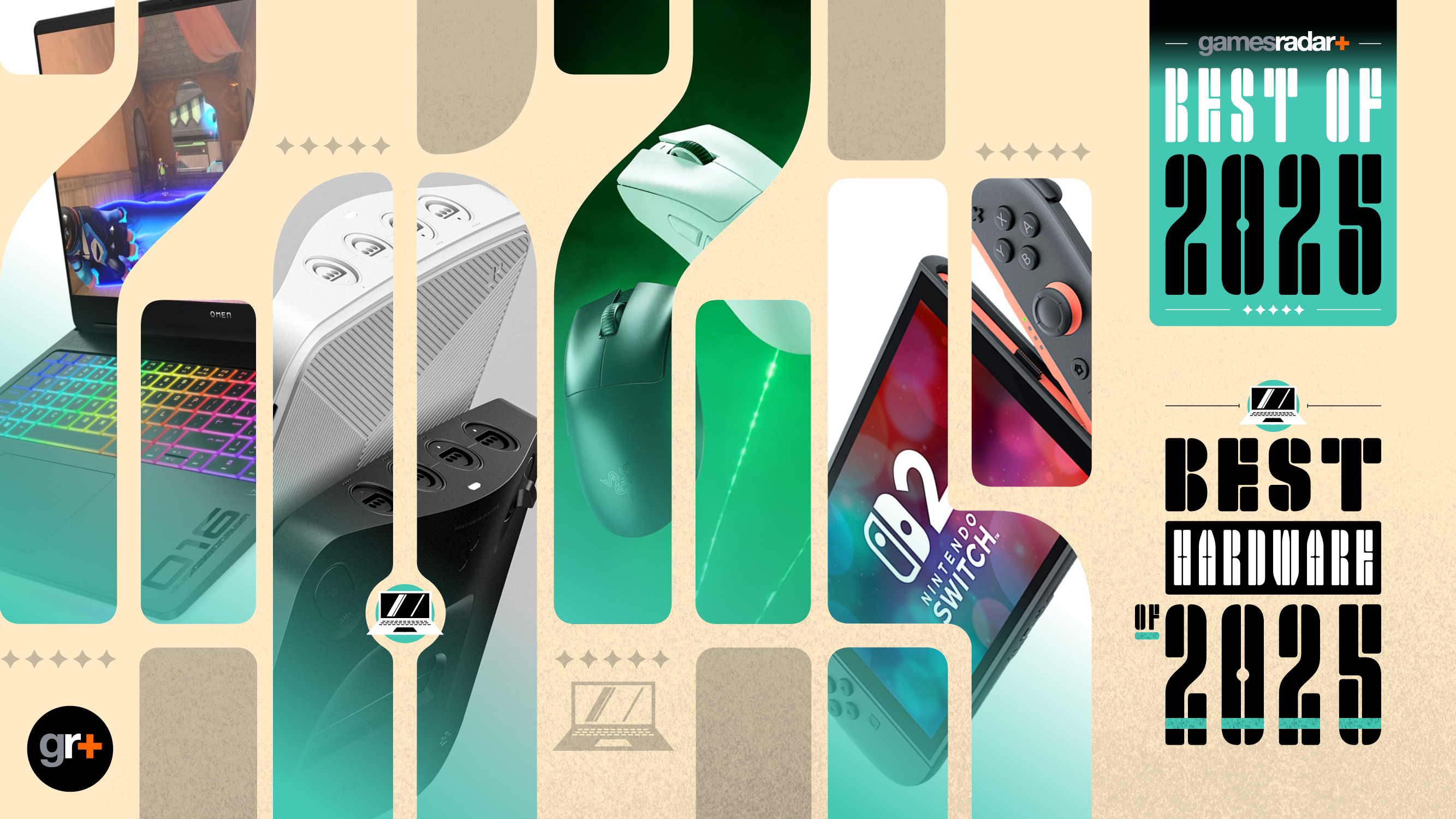 Year in Review: The Best of 2025 main listing image for the Best Hardware of 2025 featuring an HP laptop, Analogue 3D, Razer mouse, and Nintendo Switch 2