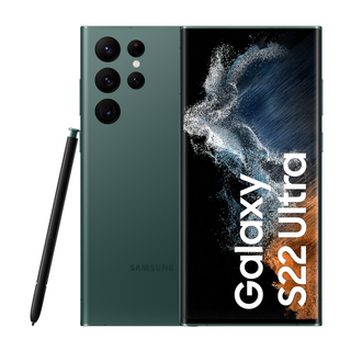 A piece of leaked Galaxy S22 promotional material, showing the Galaxy S22 Ultra with its S Pen in green