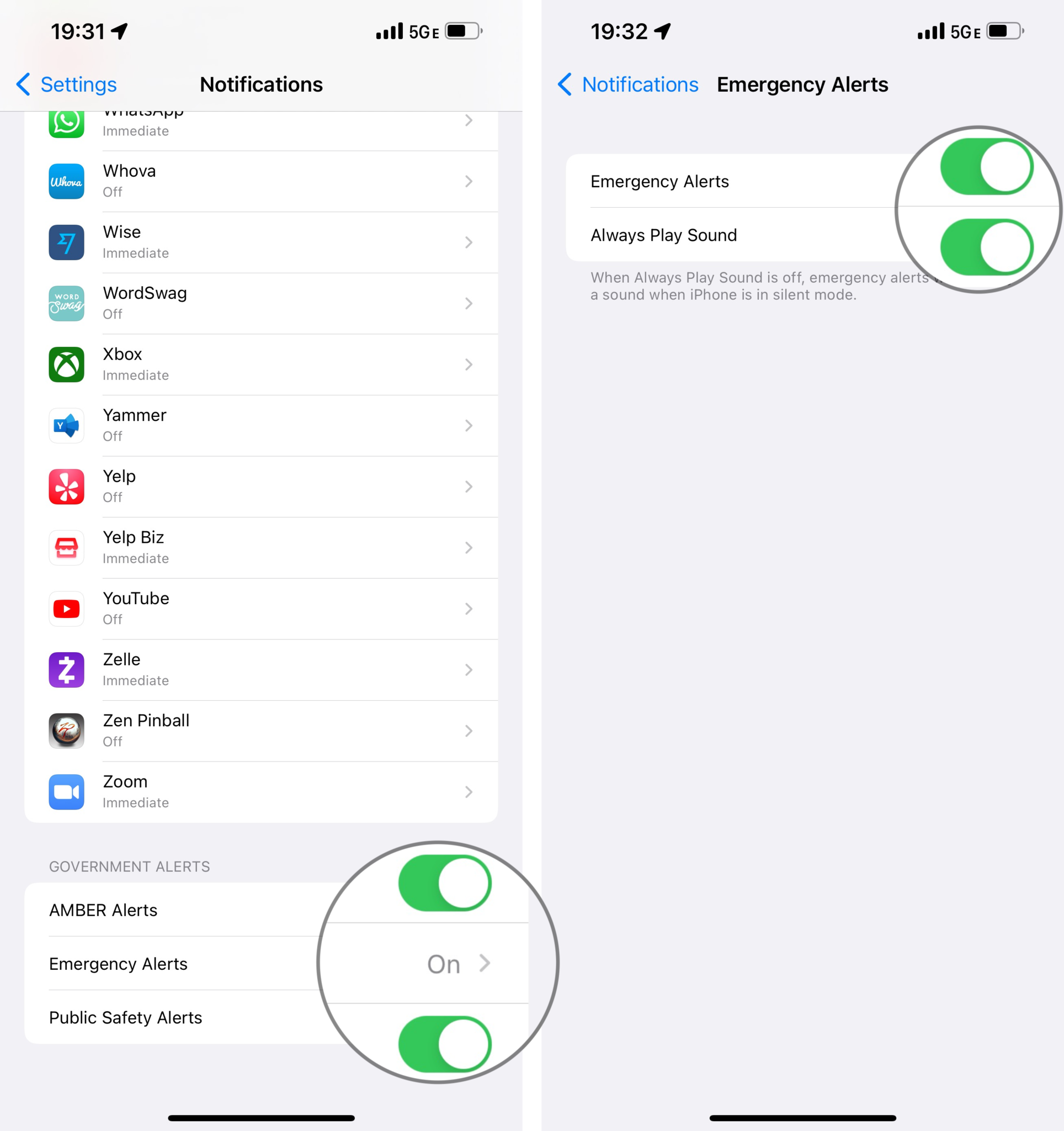 How to control AMBER and Government Alerts on your iPhone by showing: Scroll to the bottom and then tap the toggles for Amber Alerts and Public Safety Alerts, and tap Emergency Alerts to turn it on and choose whether it will Always Deliver with a sound or not