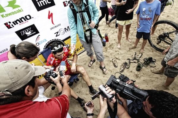 Race winner Paolo Montoya is interviewed after the finish