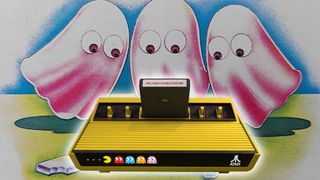 Photo of artwork from original Atari 2600 Pac-Man manual featuring pink ghosts with glowing 2600+ Pac-Man console overlayed in front.
