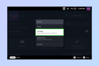 A screenshot showing how to appear offline on the Steam Deck