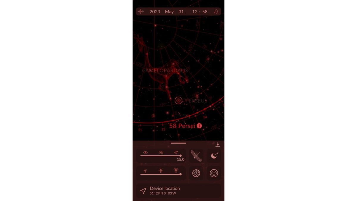 Screenshot of dark mode on the Sky Tonight app showing constellations in red on a black background.