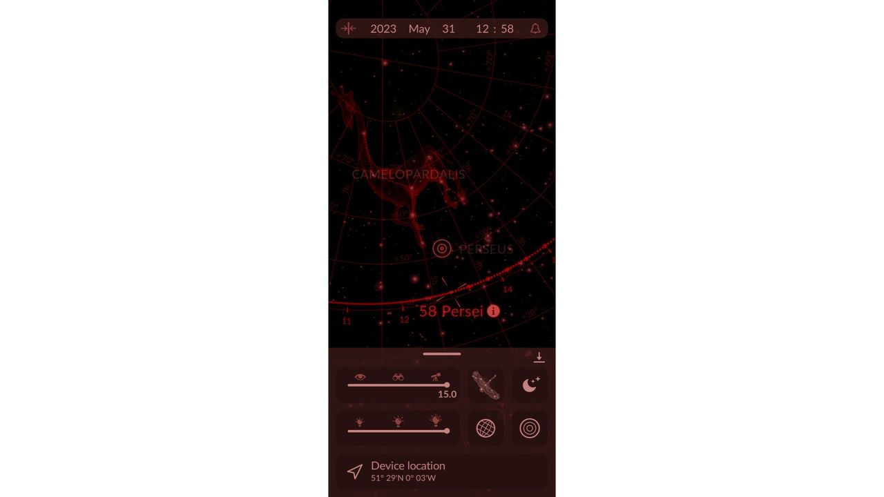 Screenshot of dark mode on the Sky Tonight app showing constellations in red on a black background.