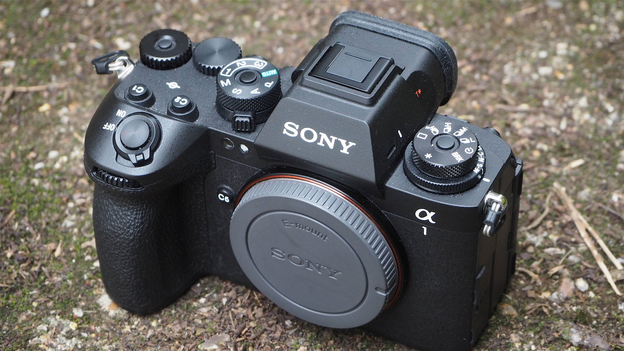 A top view of the Sony A1 II on the ground.