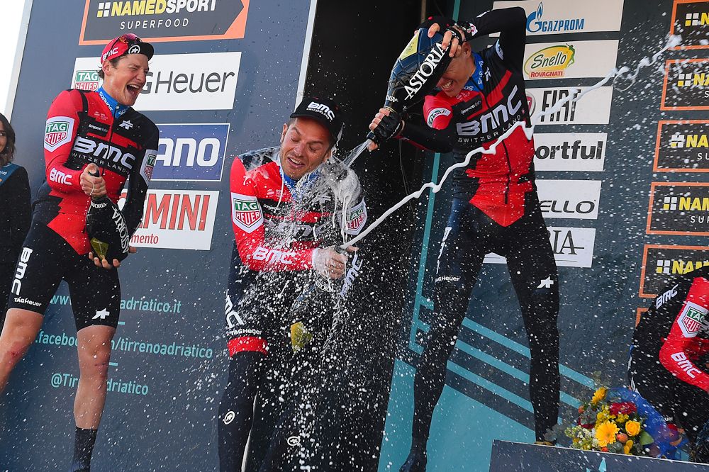 BMC riders celebrate the team time trial win at Tirreno-Adriatico