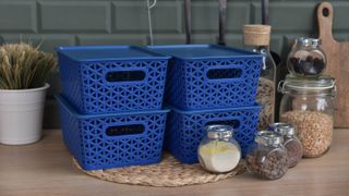 Blue stackable storage baskets
