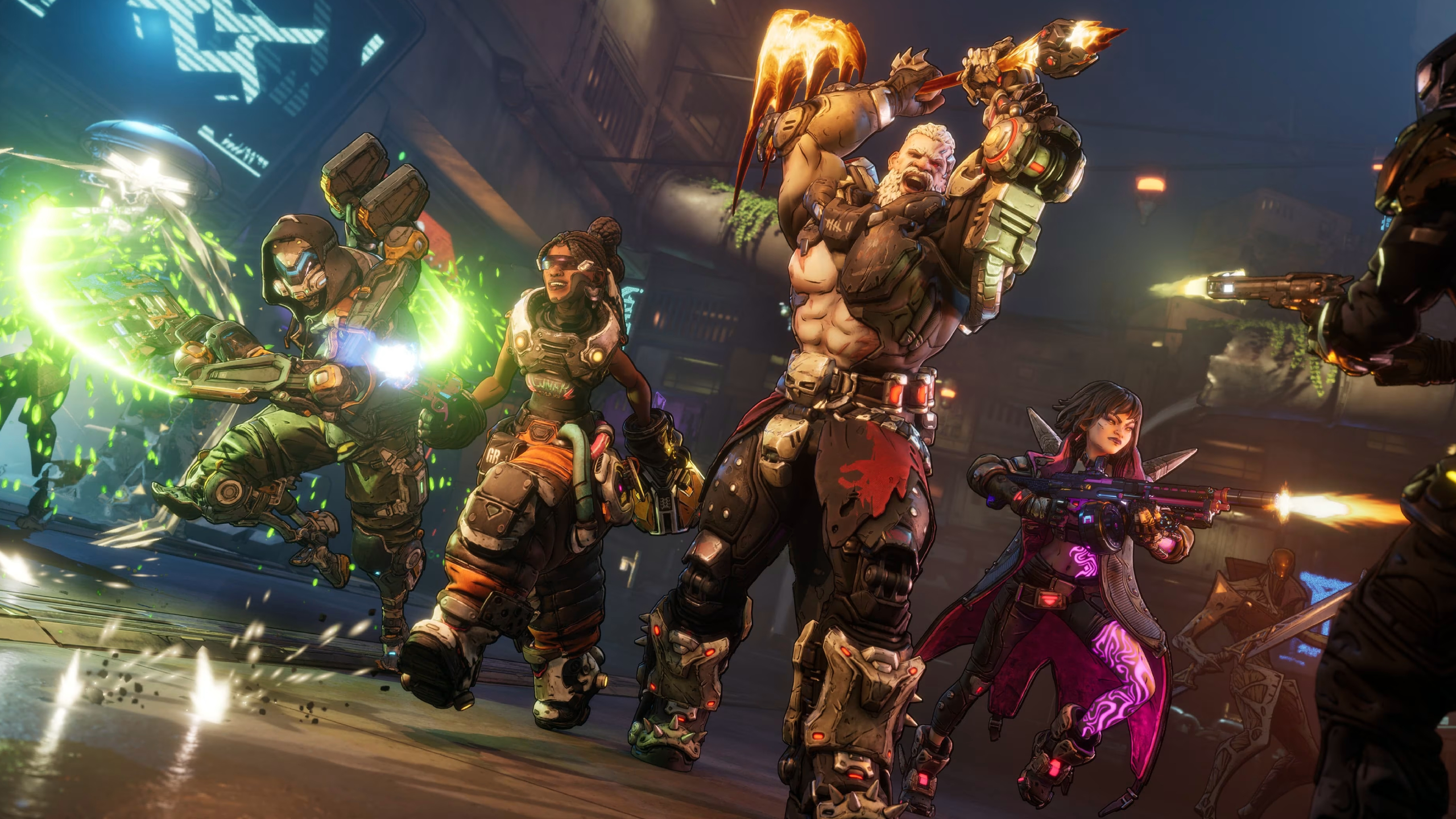 Borderlands 4 meta builds predictions: All four Vault Hunters charging into battle. From left to right: Rafa leaping with corrosive blades, Harlowe running, Amon lunging with his axe, and Vex firing a rifle.