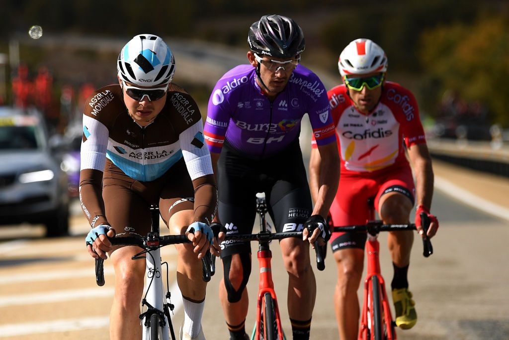 EJEADELOSCABALLEROS SPAIN OCTOBER 23 Harry Tanfield of The United Kingdom and Team AG2R La Mondiale Luis Angel Mate Mardones of Spain and Team Cofidis Solutions Credits Jesus Ezquerra Muela of Spain and Team Burgos BH Willie Smit of South Africa and Team Burgos BH Breakaway during the 75th Tour of Spain 2020 Stage 4 a 1917km stage from Garray Numancia to Ejea de los Caballeros lavuelta LaVuelta20 La Vuelta on October 23 2020 in Ejea de los Caballeros Spain Photo by David RamosGetty Images