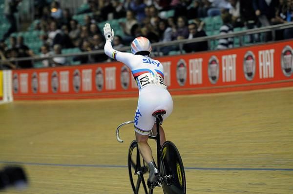 World sprint champion Victoria Pendleton celebrates her victory in the British track championships.