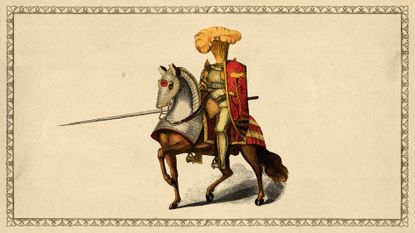 Illustrative collage of a knight with a mushroom head sitting on a horse with a lance and shield. 