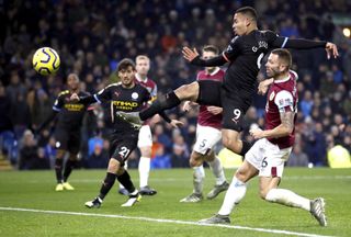 Gabriel Jesus volleys home his second goal against Burnley