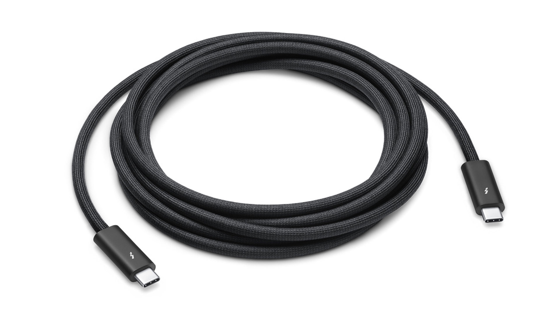 Apple's 3 meter Thunderbolt 4 Pro cable with black sleeving.