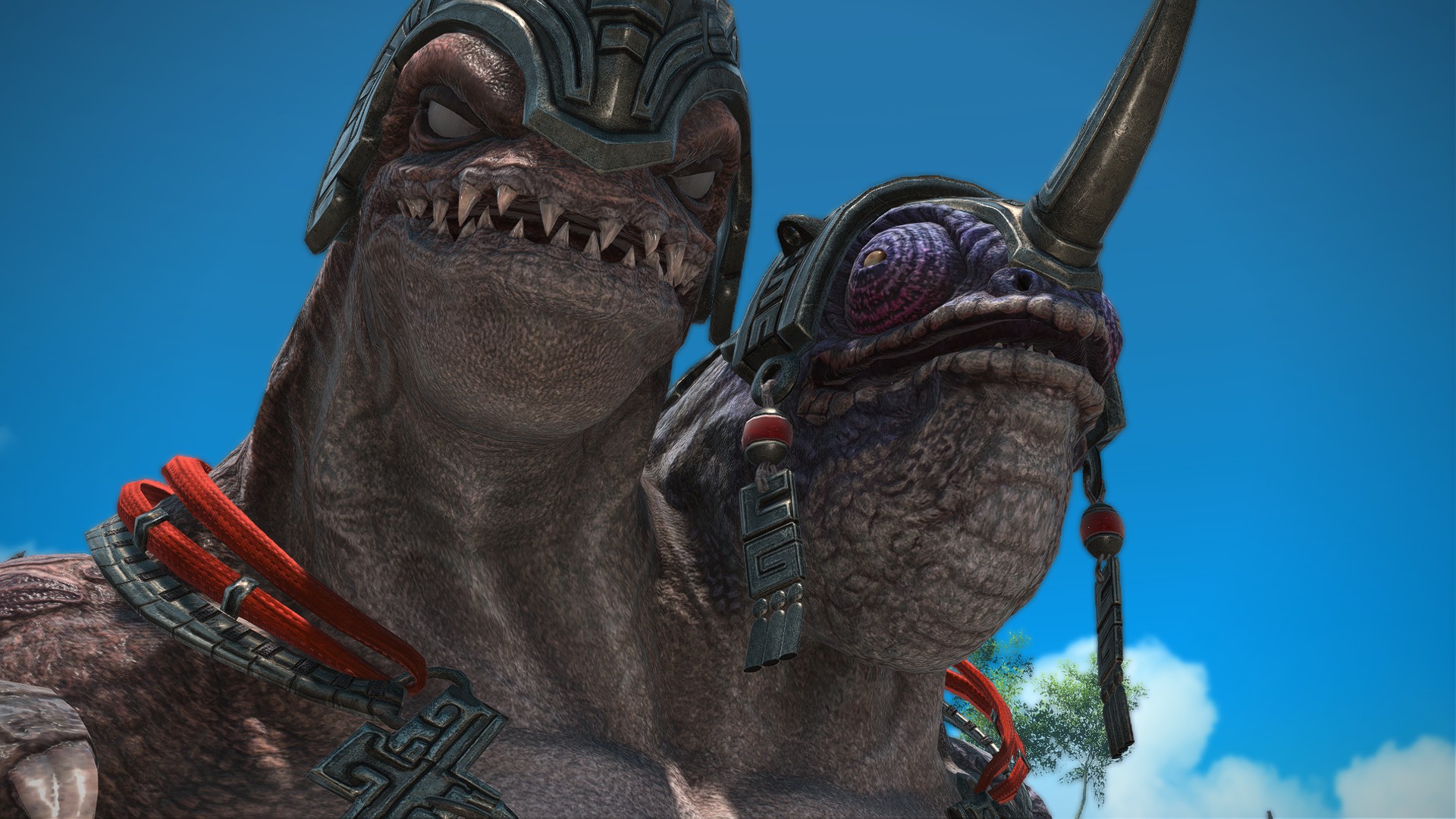 Bakool Ja Ja, a twin-headed Blessed Sibling from Final Fantasy 14, regards the camera with twin sets of mischievous smirks.