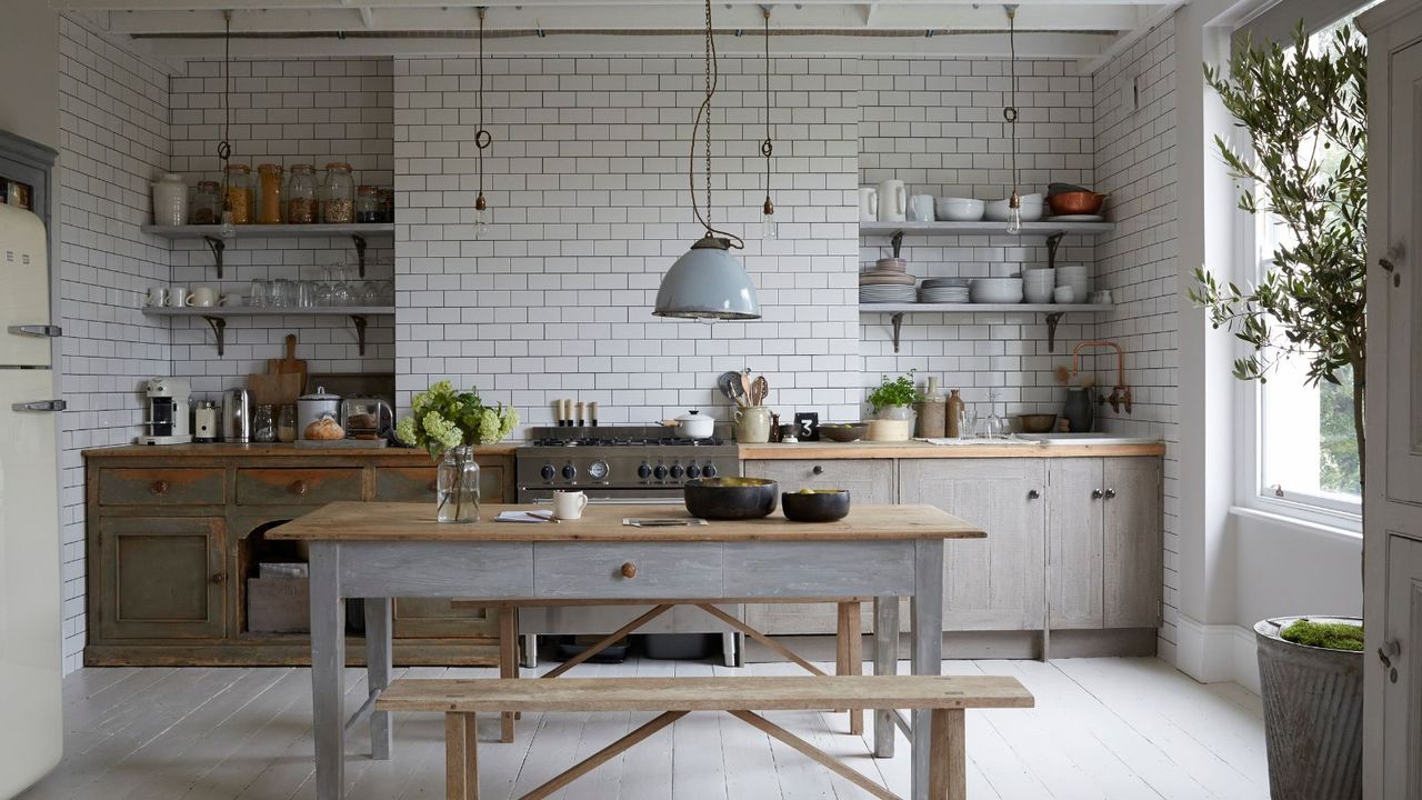 A green and white kitchen 