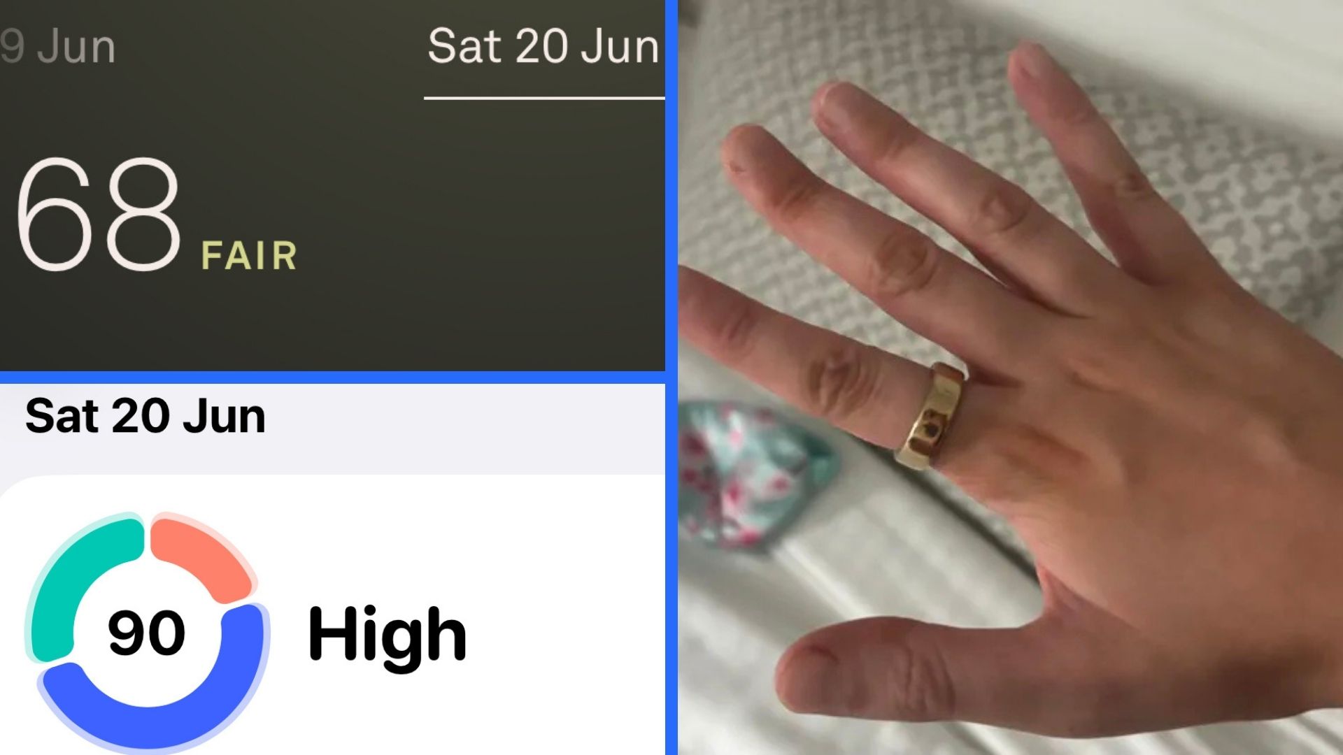 A close up of the Oura Ring 5 on a woman's hand. To the left, screenshots of sleep scores from the same night are shown. One is from Apple Watch Ultra's Health App and the other is from the Oura app. 