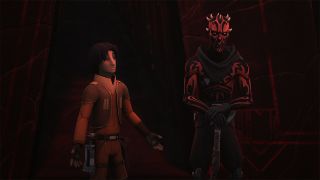 Screenshot from the animated T.V. show Star Wars Rebels. Teenager Ezra Bridger (male, short dark hair, thick eyebrows, orange jumpsuit, short-sleeved brown coat and green gloves) is looking questioningly at Darth Maul in front of him (he is a head taller, with black and red face markings with several bone spikes jutting out of his head).