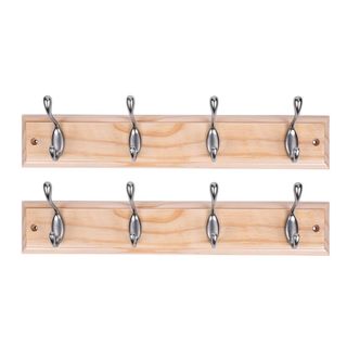 Two wooden wall hook planks with metal hooks