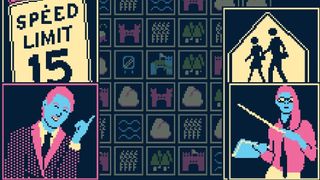 Two figures stand near road signs