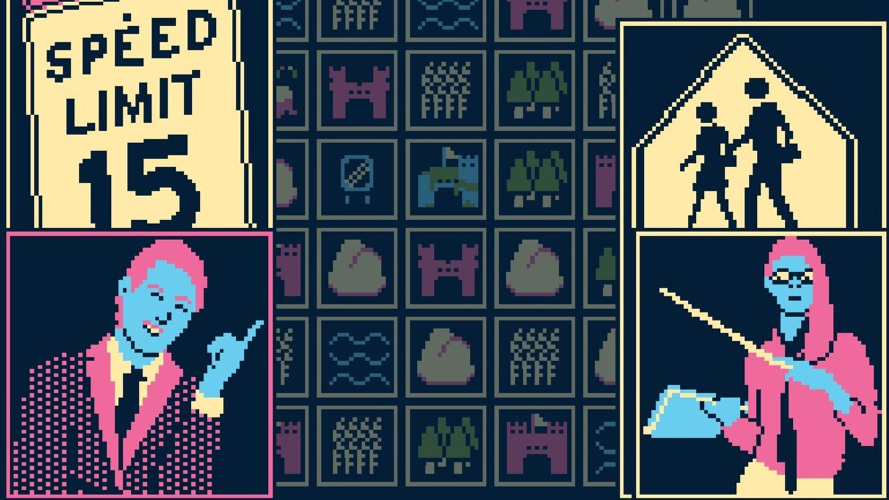 Two figures stand near road signs