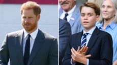 A composite of a picture of Prince Harry in 2019 and a picture of Prince George at Wimbledon in 2026