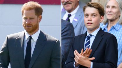 A composite of a picture of Prince Harry in 2019 and a picture of Prince George at Wimbledon in 2026
