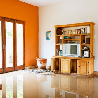 a large room flooded with water, orange wall with brown frame glass doors leading outside, with a wooden storage unit against a white wall