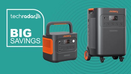 Two Jackery portable power stations on a green background next to a TechRadar badge that reads 'Big Savings'