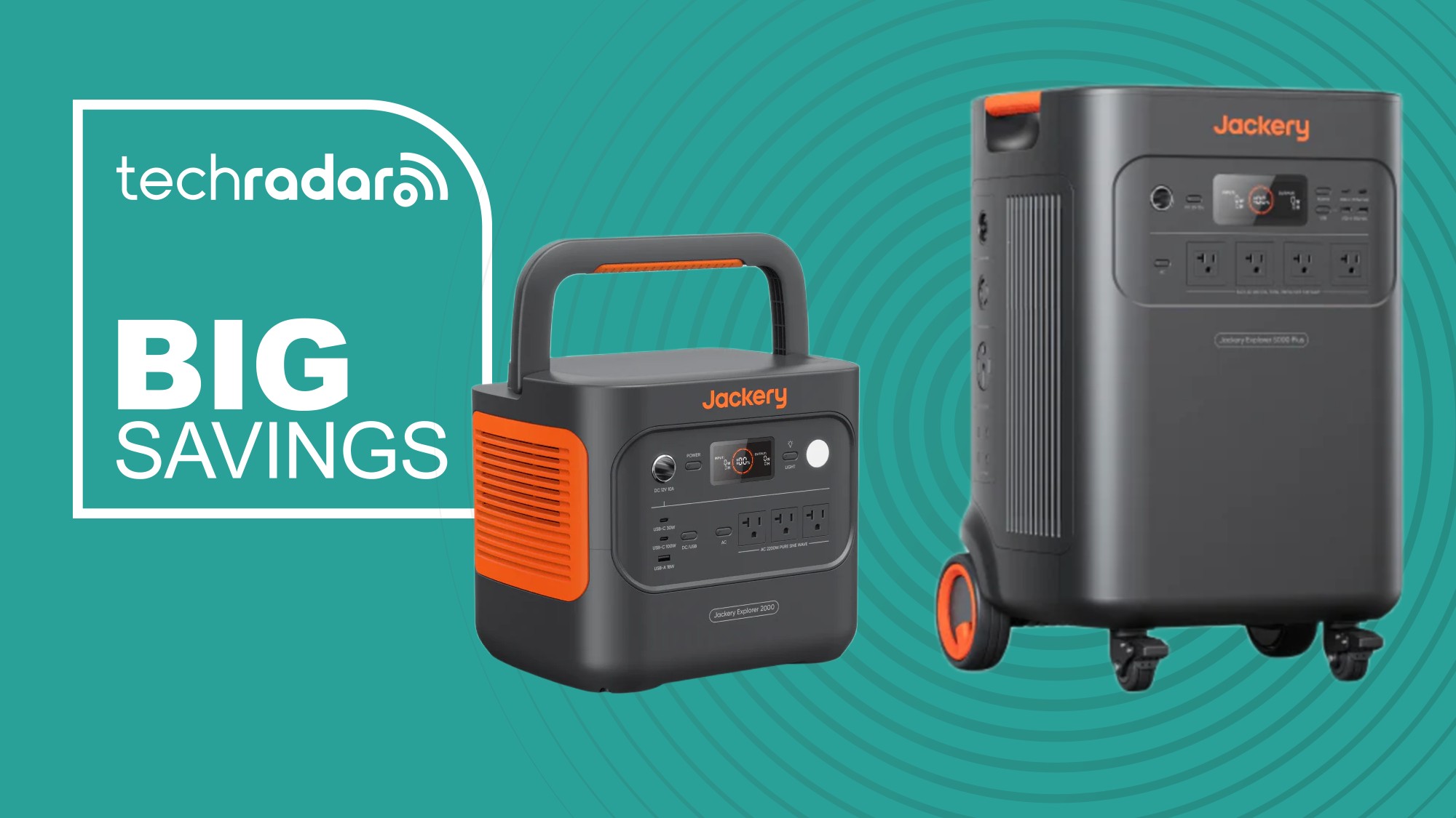 Two Jackery portable power stations on a green background next to a TechRadar badge that reads 'Big Savings'