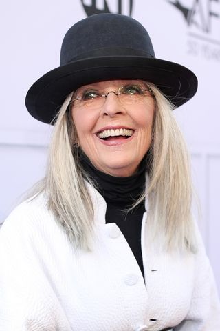 Diane Keaton is pictured with grey hair whilst arriving at American Film Institute's 45th Life Achievement Award Gala Tribute to Diane Keaton at Dolby Theatre on June 8, 2017 in Hollywood, California.