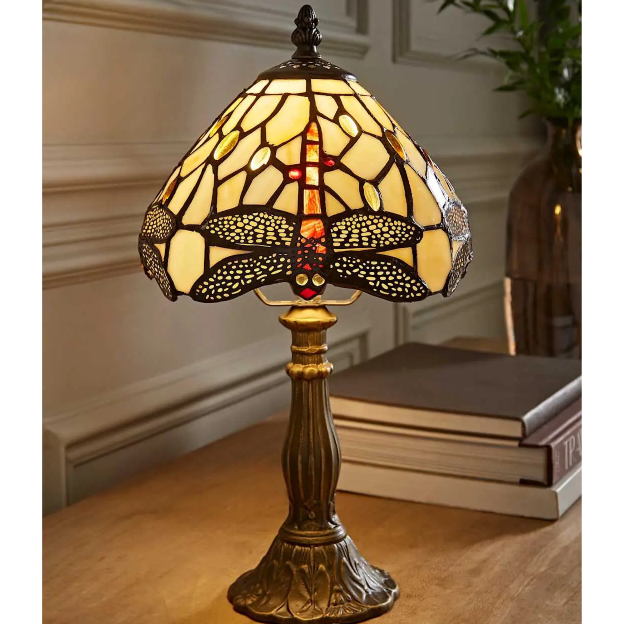 Tiffany Dragonfly Stained Glass Lamp Shade Antique Brass Table Lamp