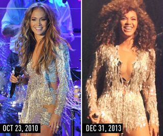 J.Lo (2010) & Beyonce (2013) in metallic fringe mini with long sleeves and a low-cut neckline