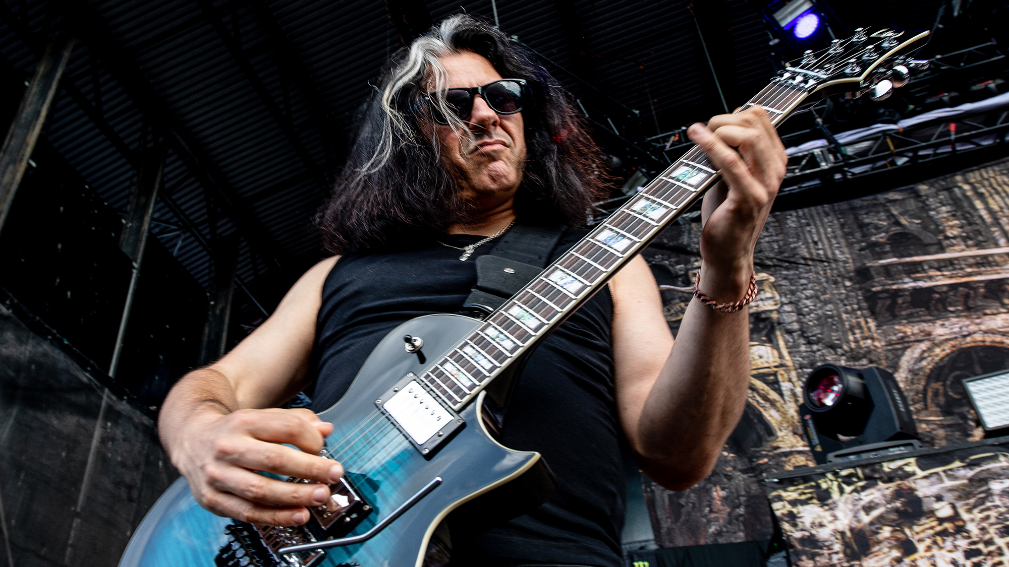 Alex Skolnick of Testament performs with Slayer on their final world tour Northwell Health at Jones Beach Theater on July 29, 2018 in Wantagh, New York