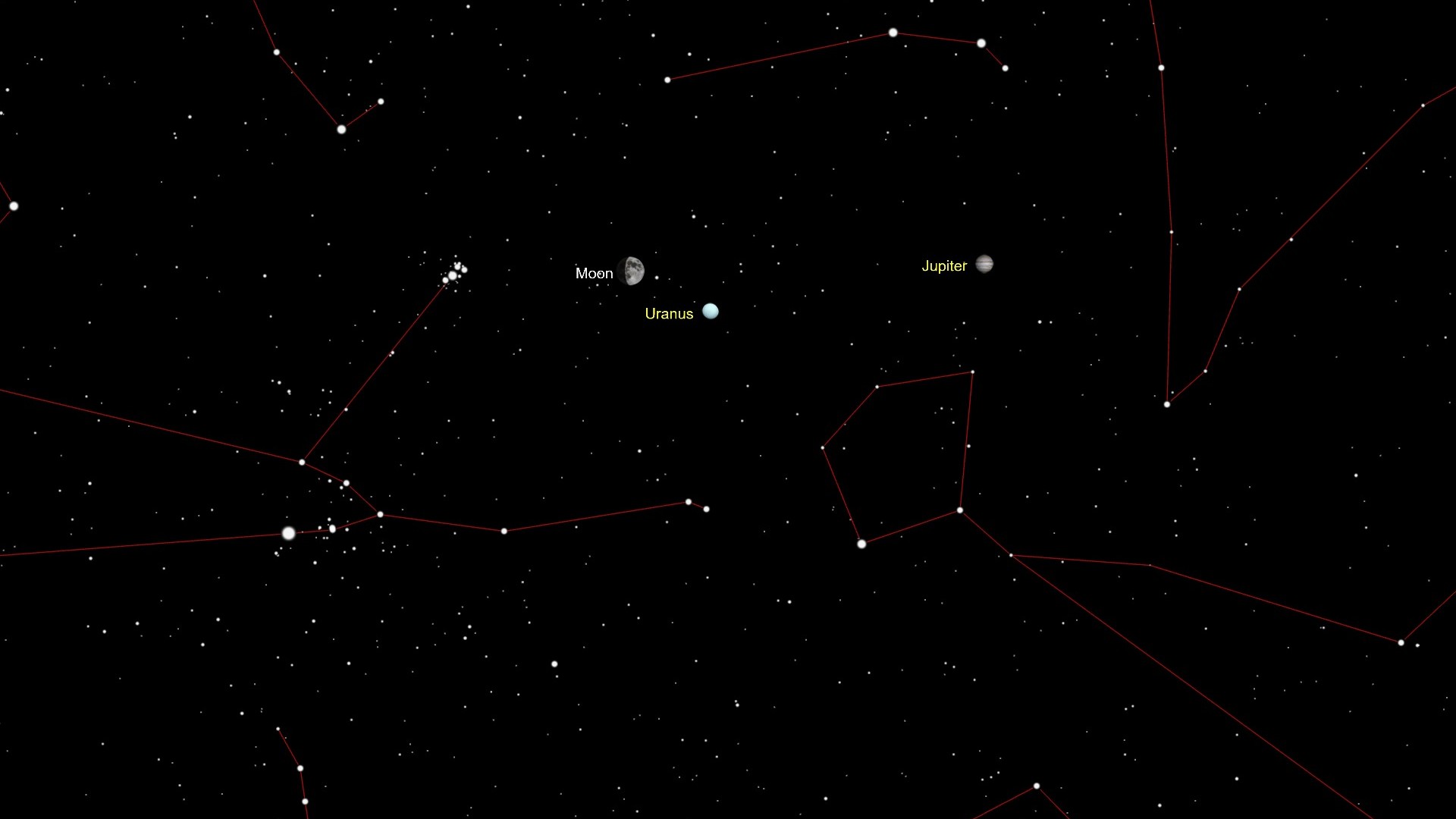 an illustration of the sky showing the moon, uranus and jupiter among stars