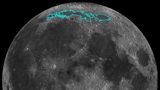 A simulation of the moon's surface, with the northern lunar region 'Mare Frigolis' outlined in teal.