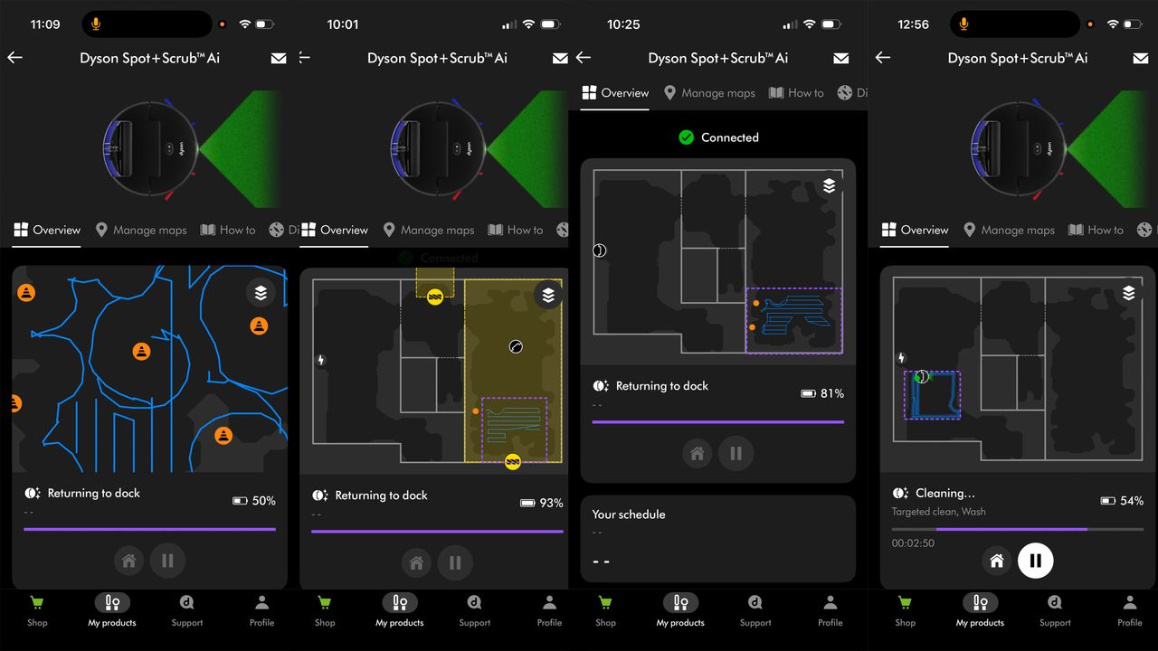 Screenshots from Dyson robot vacuum app
