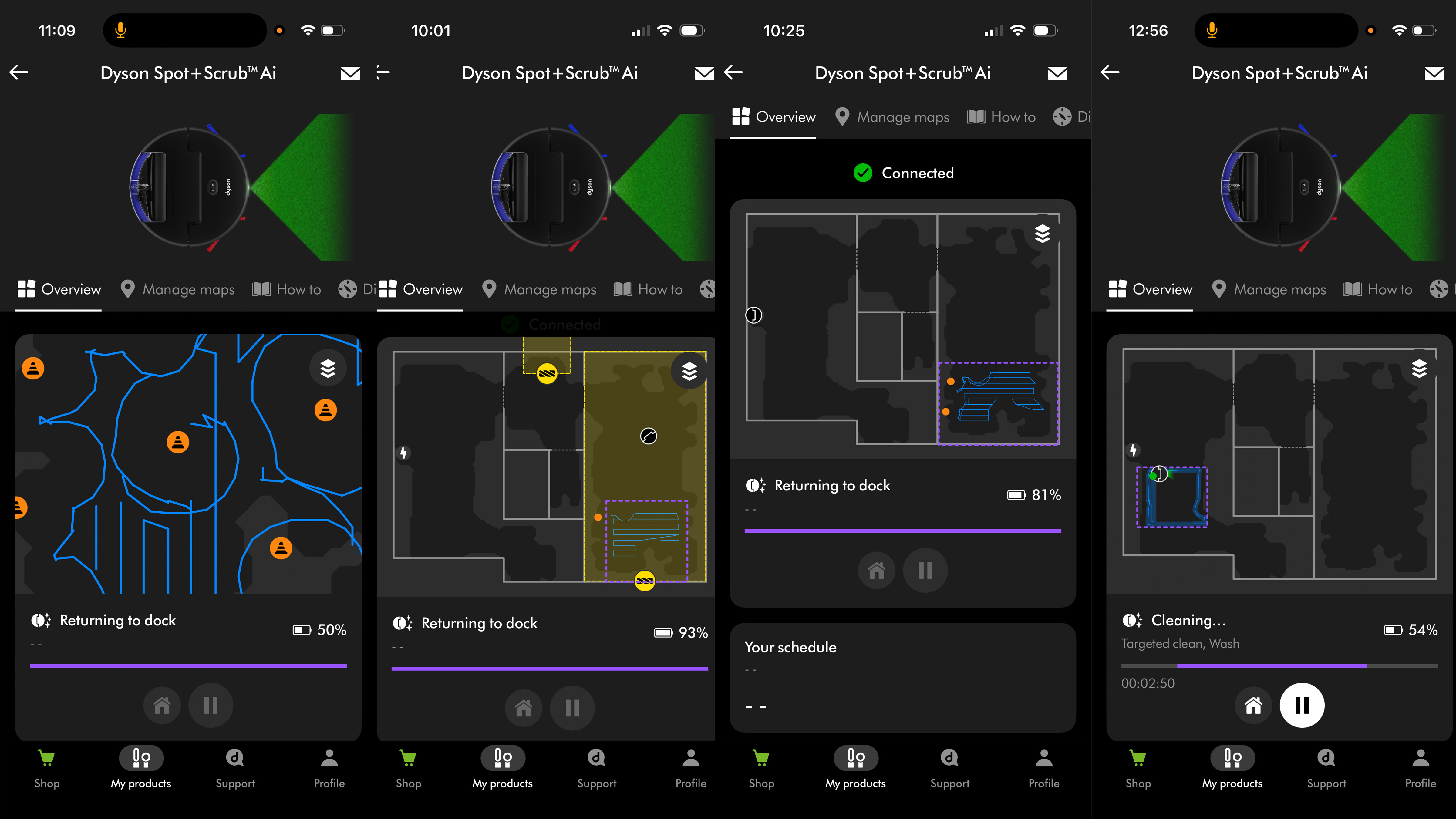 Screenshots from Dyson robot vacuum app