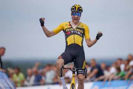 Timo Roosen (Jumbo-Visma) celebrates his victory in the Dutch championships