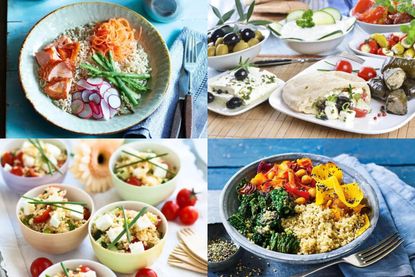 A collage of no-cook dinners including couscous salad bowls. Buddha bowl and Greek pitta