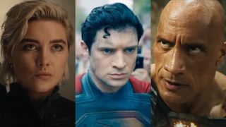 A visibly upset David Corenswet in Superman, pictured between a worried Florence Pugh in Thunderbolts* and an angry Dwayne Johnson in Black Adam.