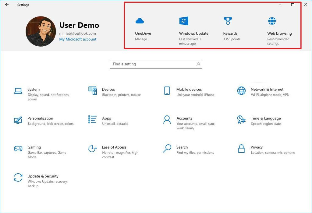 Windows 10 Setting Home with new icons