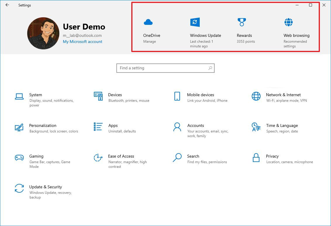 Windows 10 Setting Home with new icons