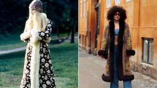 two women modelling printed penny coats