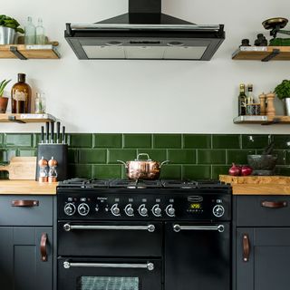 kitchen with chimney open shelf and wooden worktop