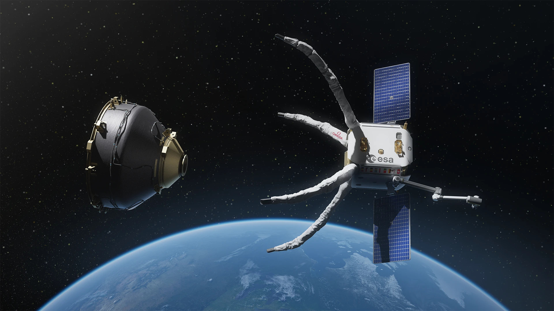 An artistic impression of the ClearSpace-1 servicer approaching the VESPA payload adapter in the world&amp;rsquo;s first active debris removal mission, commissioned by the European Space Agency (ESA)