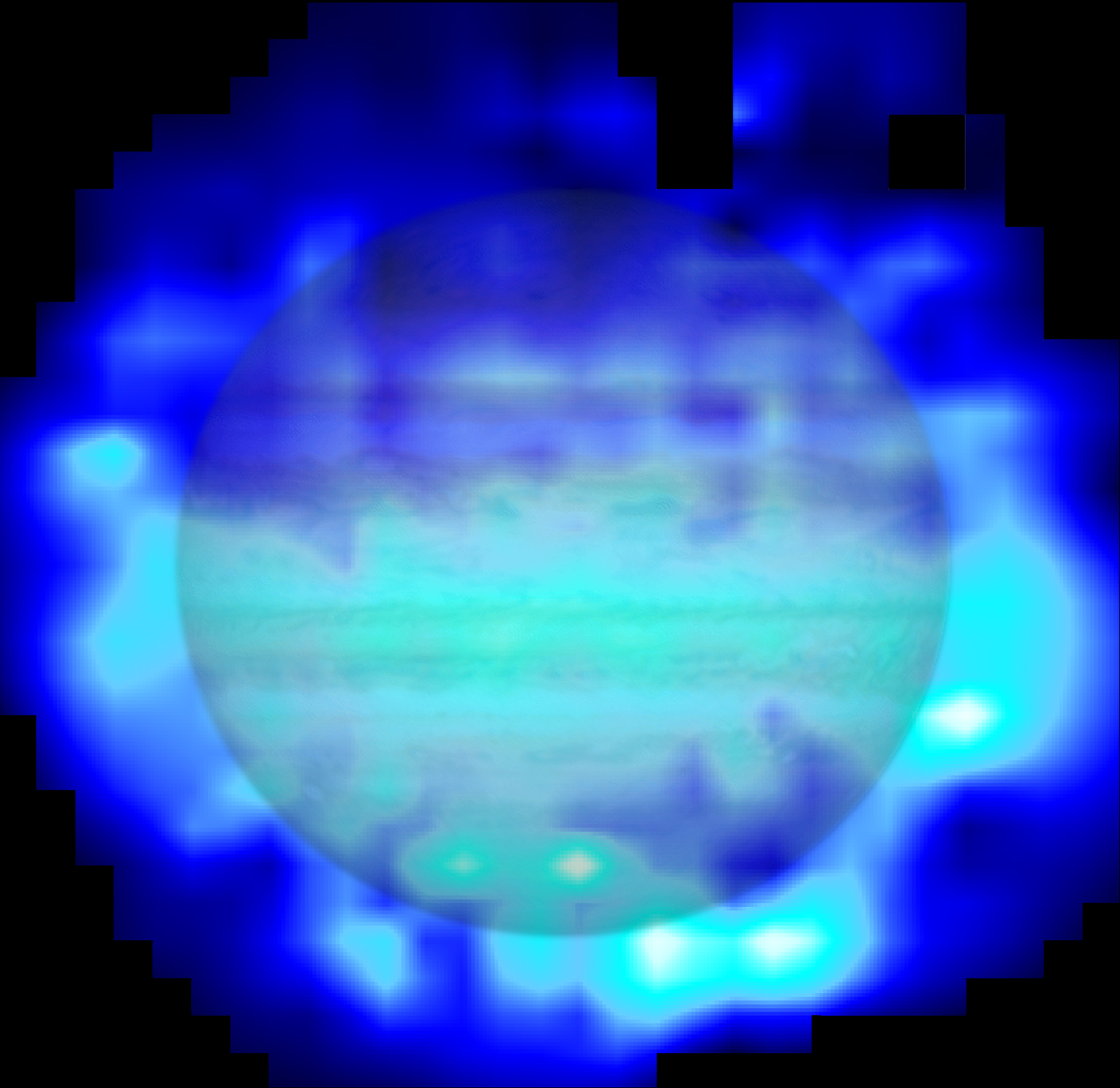 jupiter with a set of pixellated data showing water abundance on top