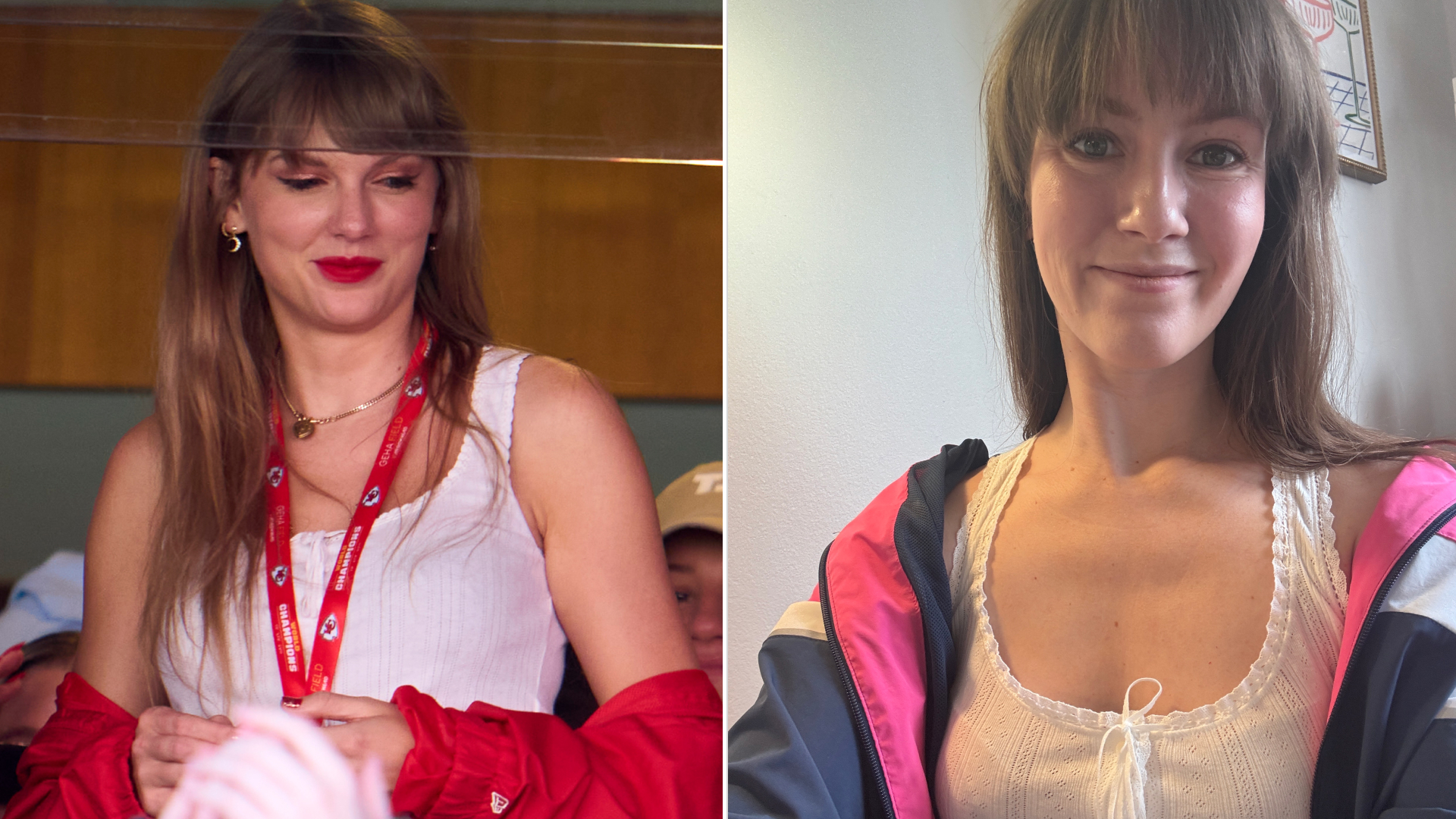 a split collage of Taylor Swift and editor Halie LeSavage wearing a Dôen tank top
