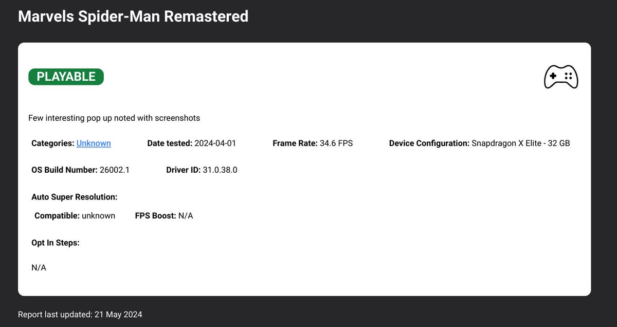 worksonwoa.com performance reports for games running on Snapdragon X Elite