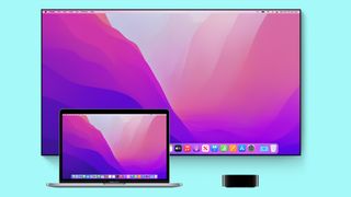 An image of a MacBook Pro, and HDTV and Apple TV on a blue background